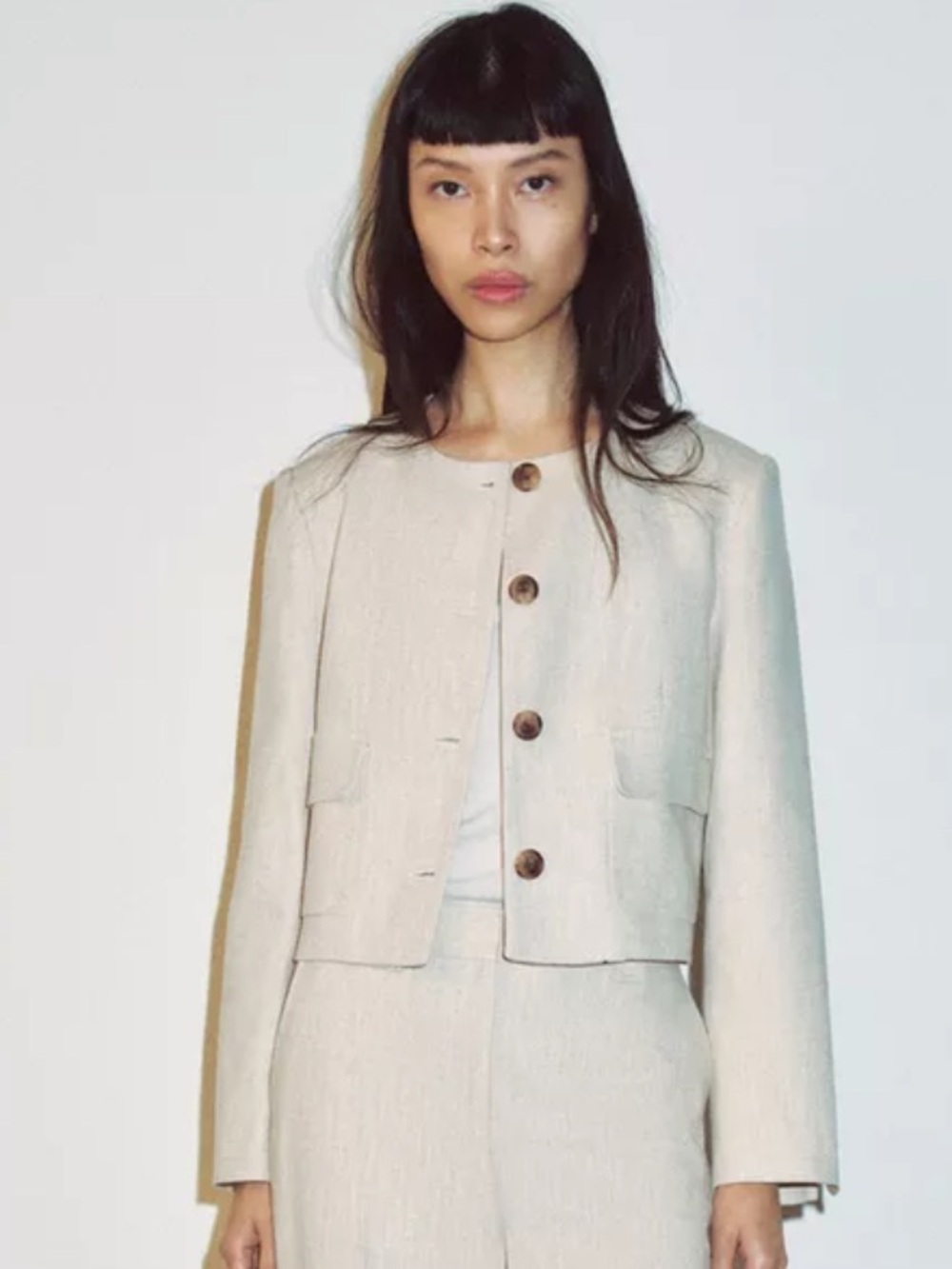Zara Women's Cream Cropped Rustic weave Button-Front Jacket